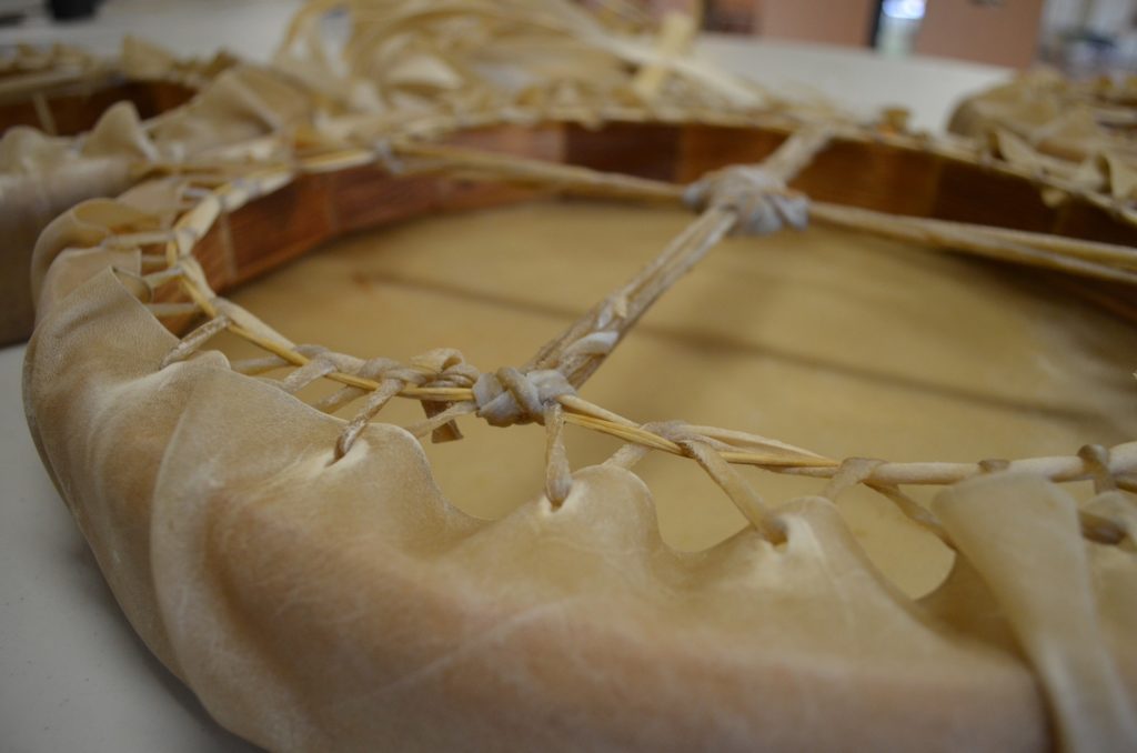 Animal skin drum made by the aboriginal people in Canada.