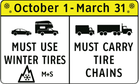A road sign enforcing the winter tire regulations in the Motor Vehicle Act.