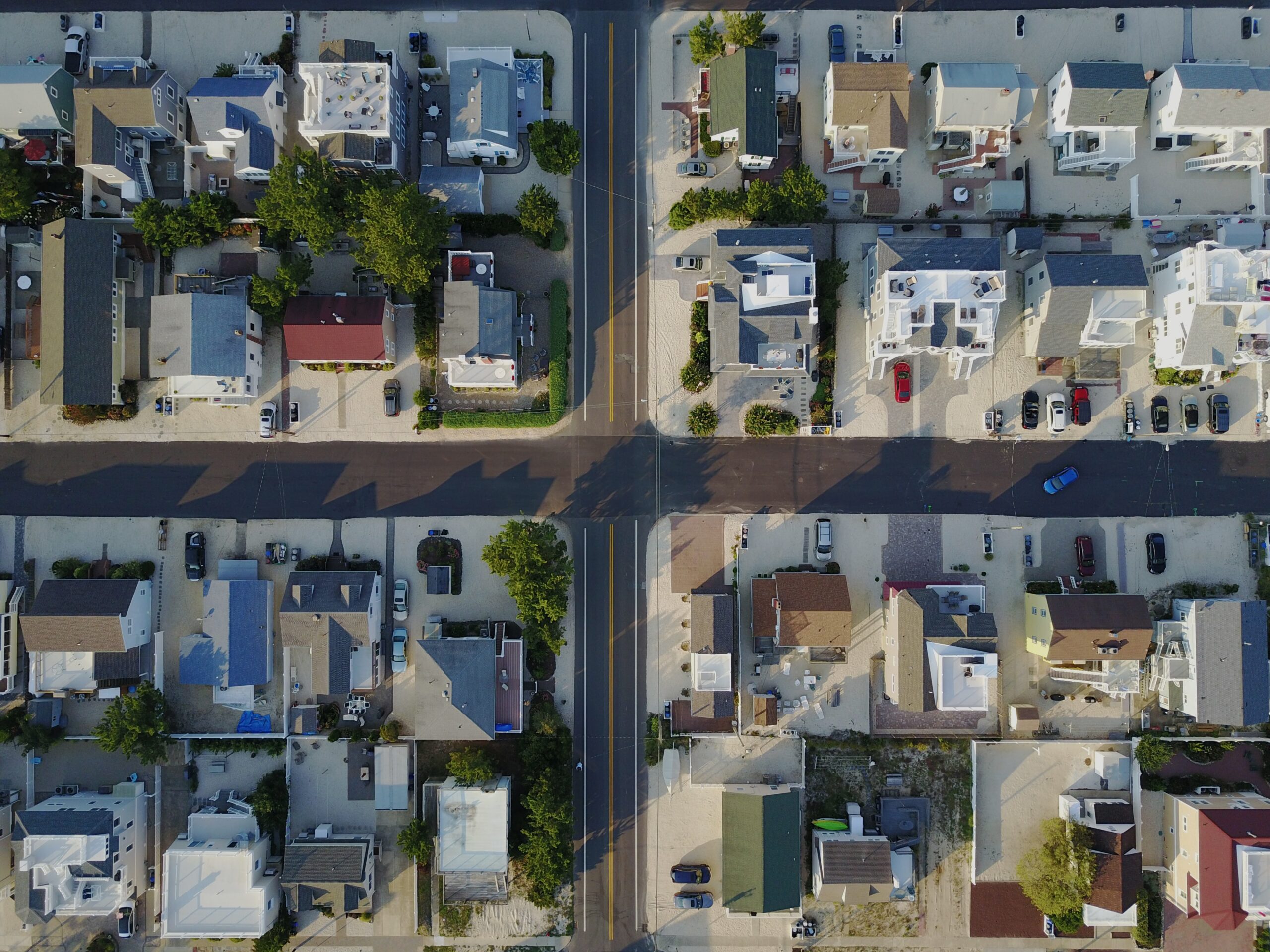 Aerial shot showing four blocks of row homes